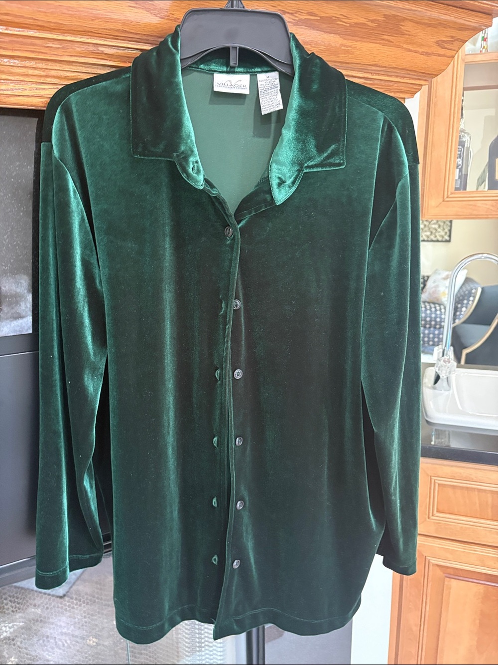 Liz Claiborne Villager Deep Green Velvet collard Button-Front shirt cardigan Med